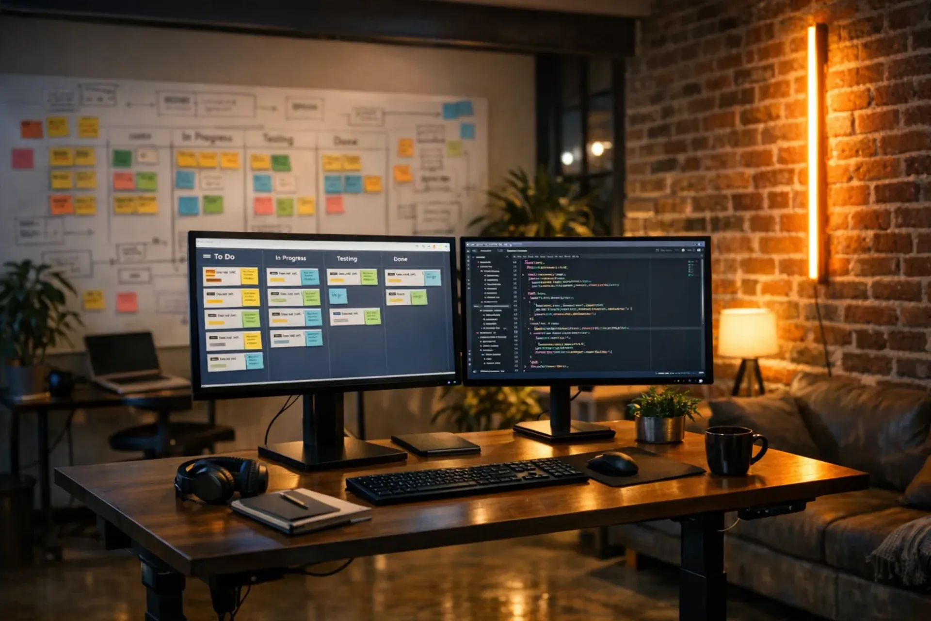 Startup workspace with whiteboard showing product roadmap and development tools on screens