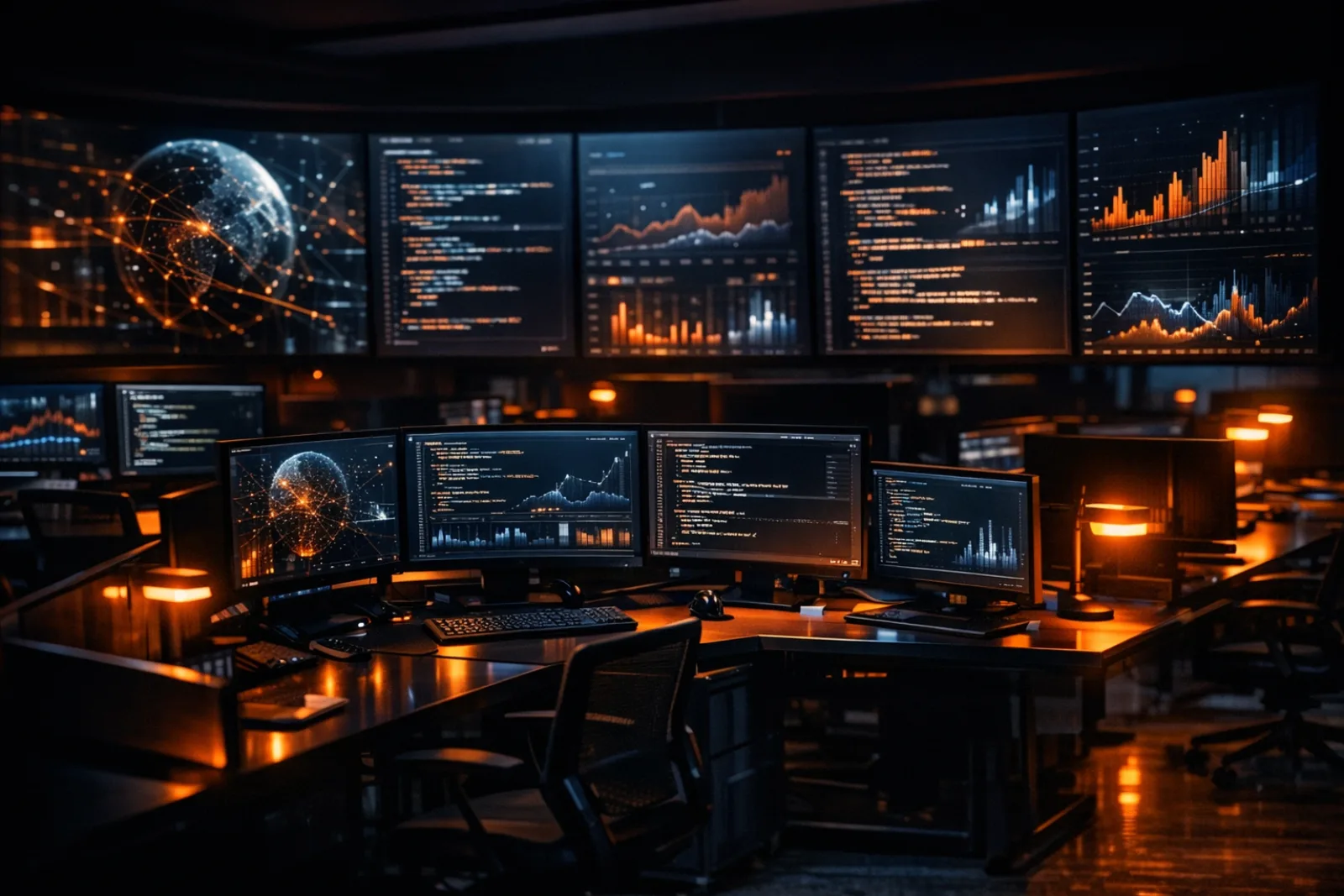 Server room with blue LED lighting and secure infrastructure